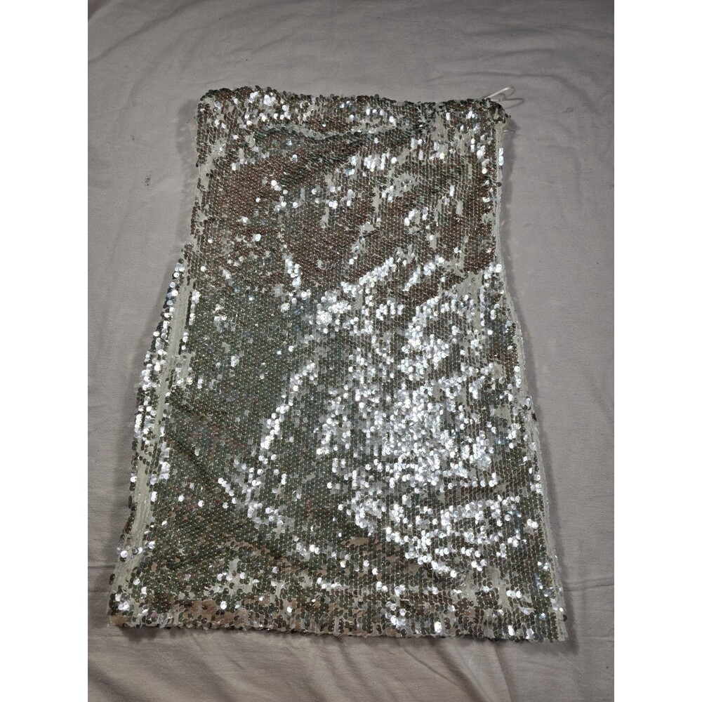 WAYF Women's Size S Strapless Bodycon Sequin White Silver Mini Dress NEW